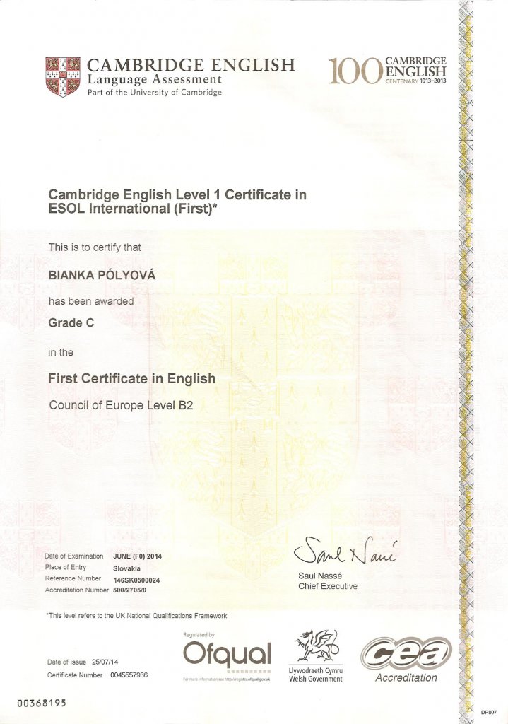 Certifikát FCE